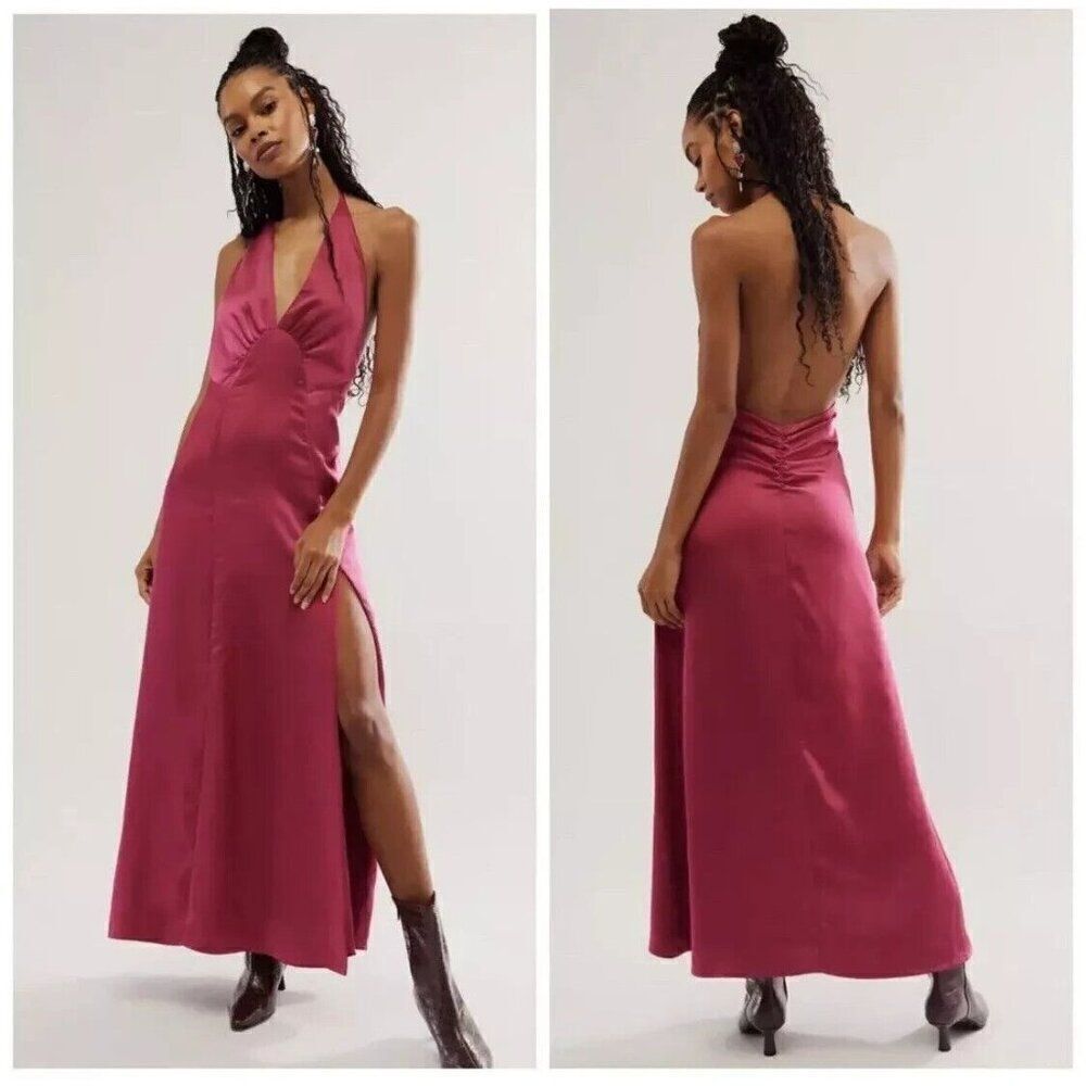Free People Dance Till‎ Dawn Maxi Midi Satin Halter Dress Size Small Rose Pink